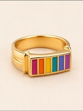LGBTQ 24K Gold Plated Rainbow Enamel Ring Bronze Base